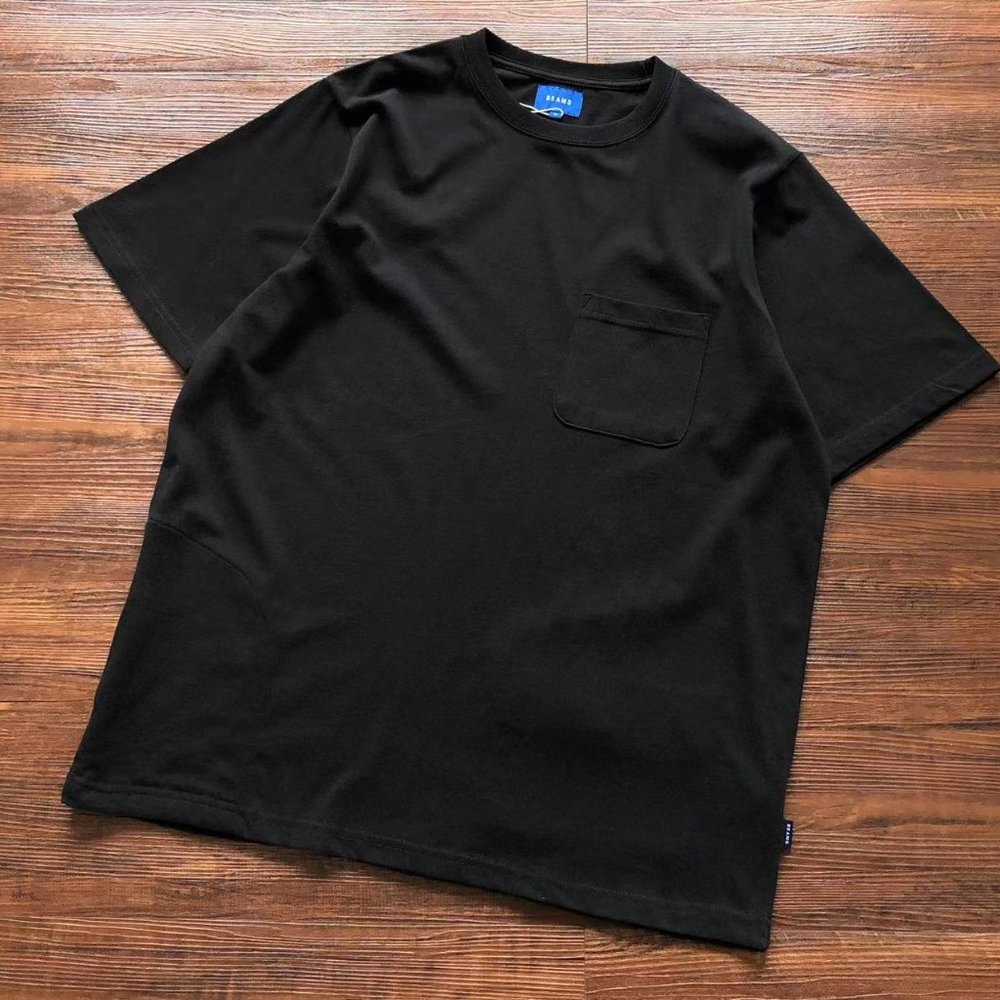 BEAMS Chest Back Pocket Solid Black Short Sleeves